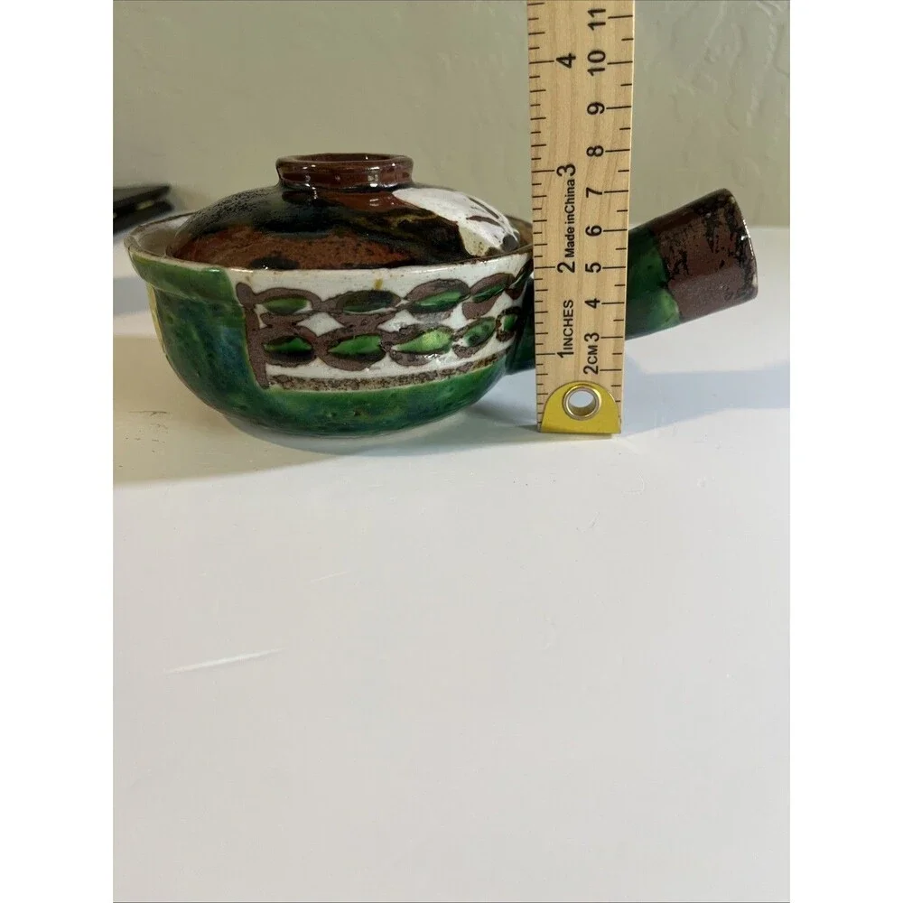 Mexican Lidded Handled Sopera Pottery Bowl Glazed Greens Browns Cream Handmade